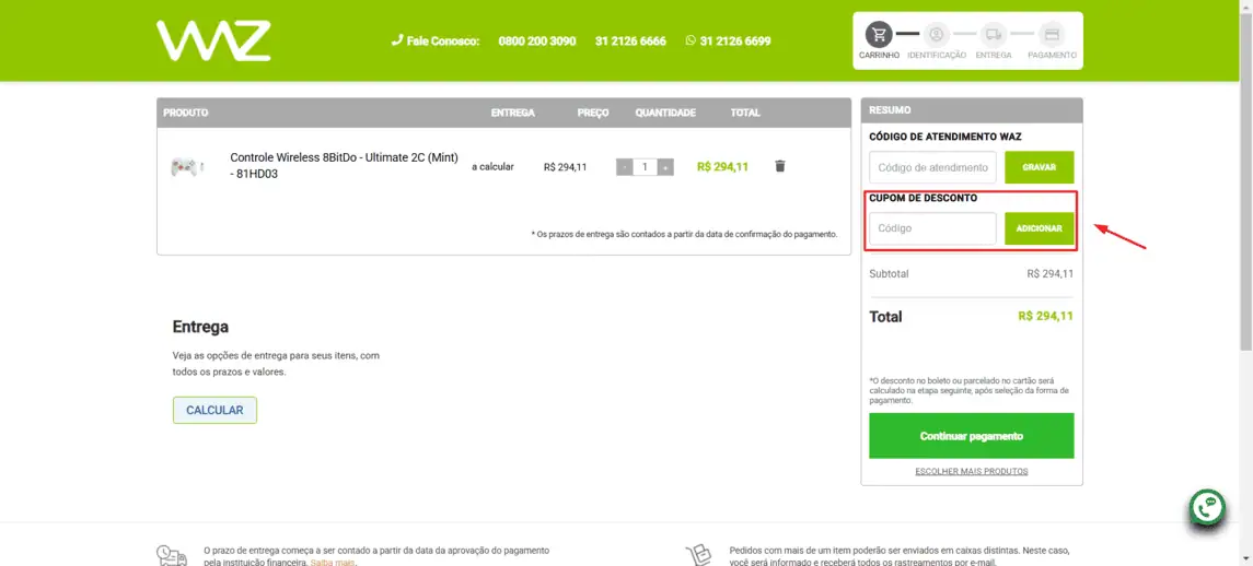 Onde inserir cupom de desconto WAZ