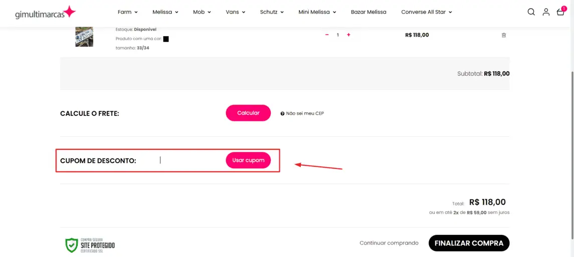 Onde inserir cupom de desconto Gi Multimarcas