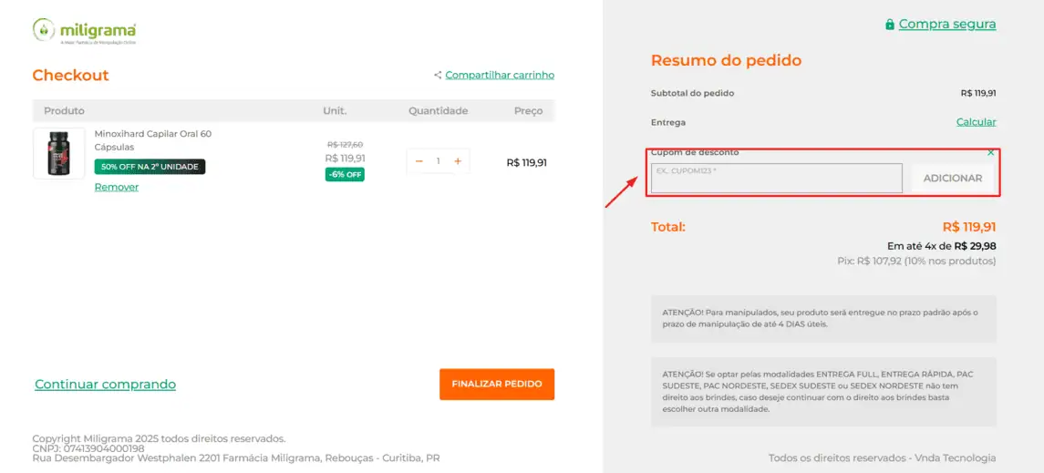 Onde inserir cupom de desconto Miligrama