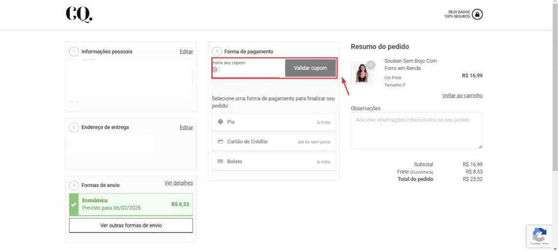 Onde inserir cupom de desconto Click Chique