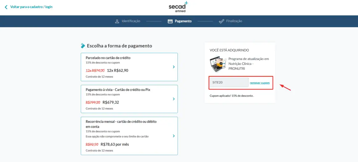 Onde inserir cupom de desconto Secad
