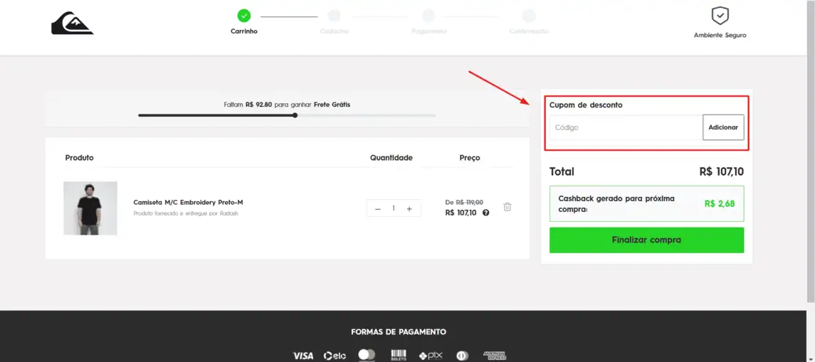 Onde inserir cupom de desconto Quiksilver