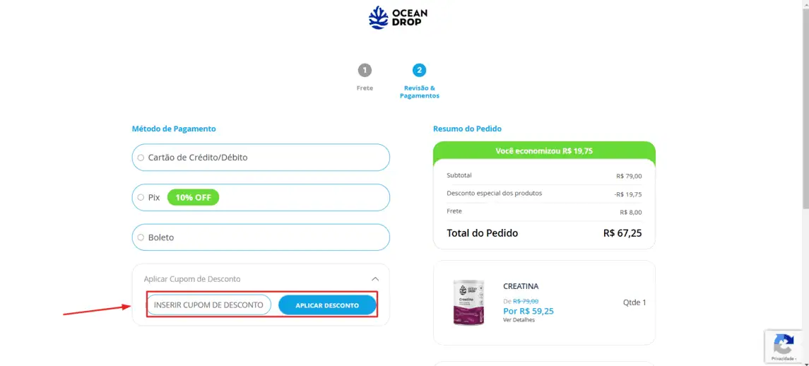 Onde inserir cupom de desconto Ocean Drop