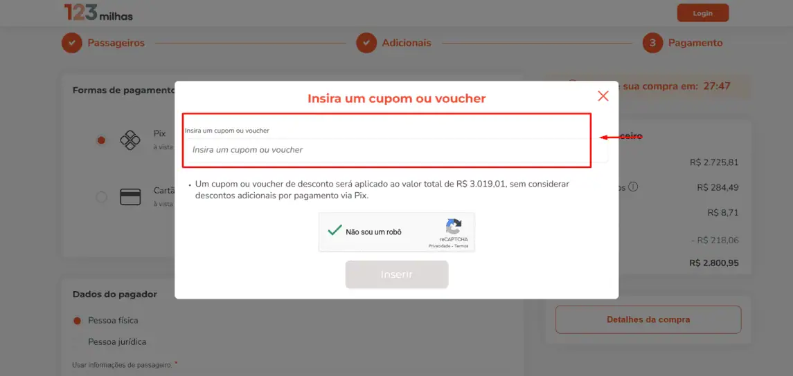 Onde inserir cupom de desconto 123 Milhas - PROMO