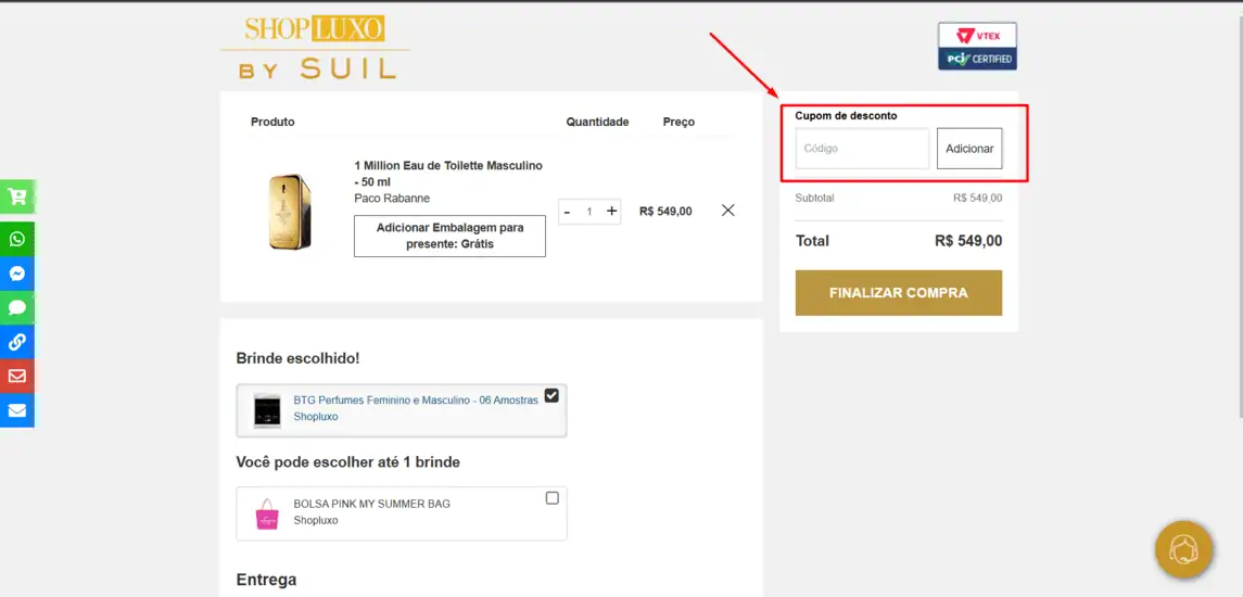 Onde inserir cupom de desconto Shop Luxo
