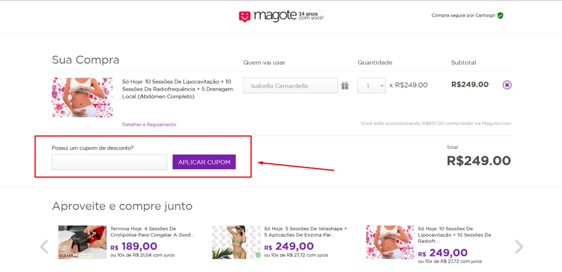 Onde inserir cupom de desconto Magote.com