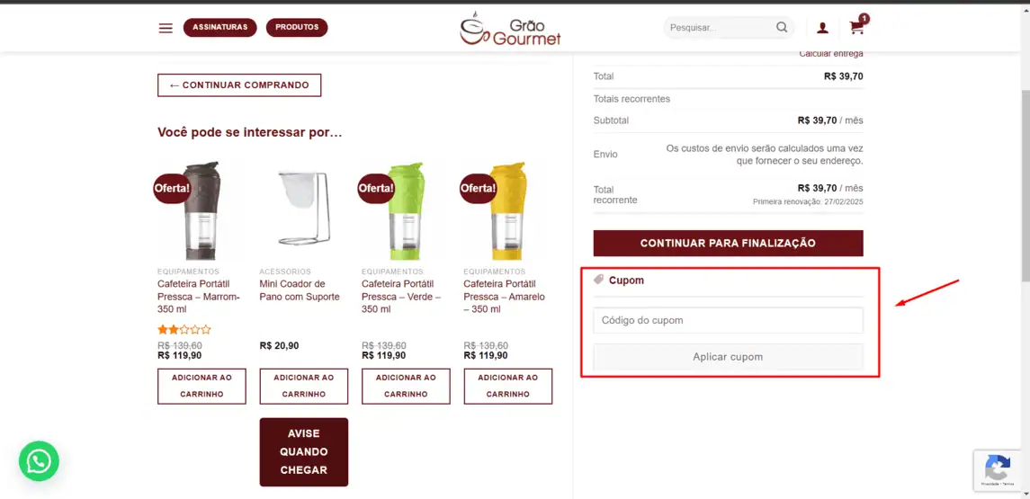 Onde inserir cupom de desconto Grão Gourmet