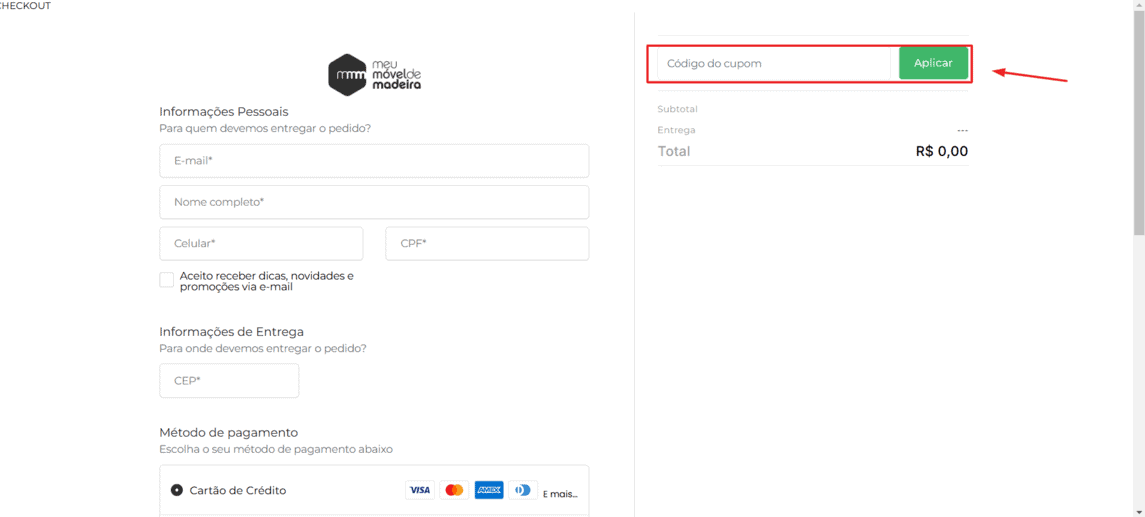 Onde inserir cupom de desconto Meu Móvel de Madeira