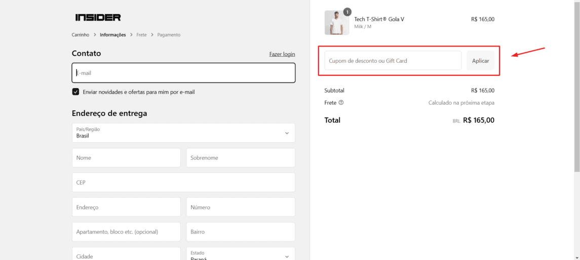 Onde inserir cupom de desconto Insider Store