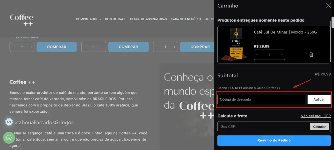 Onde inserir cupom de desconto Coffee++