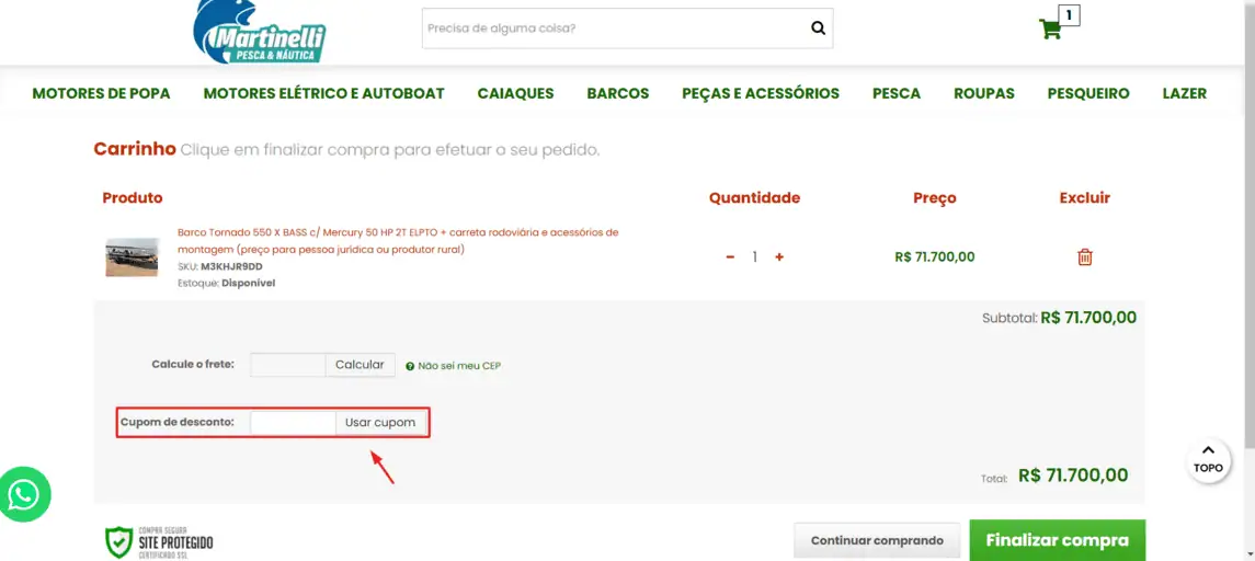 Onde inserir cupom de desconto Martinelli