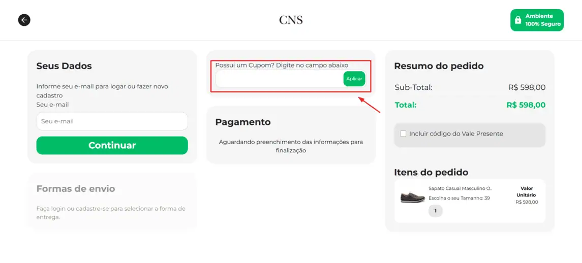 Onde inserir cupom de desconto CNS Mais