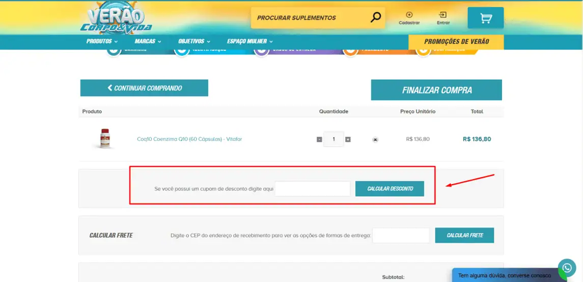 Onde inserir cupom de desconto Corpo & Vida