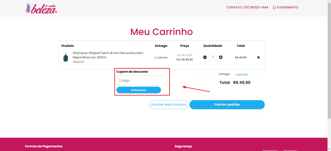 Onde inserir cupom de desconto Beleza de Mulher