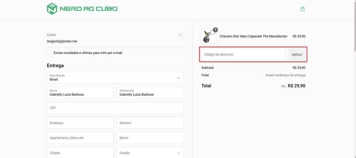 Onde inserir cupom de desconto Nerd ao Cubo