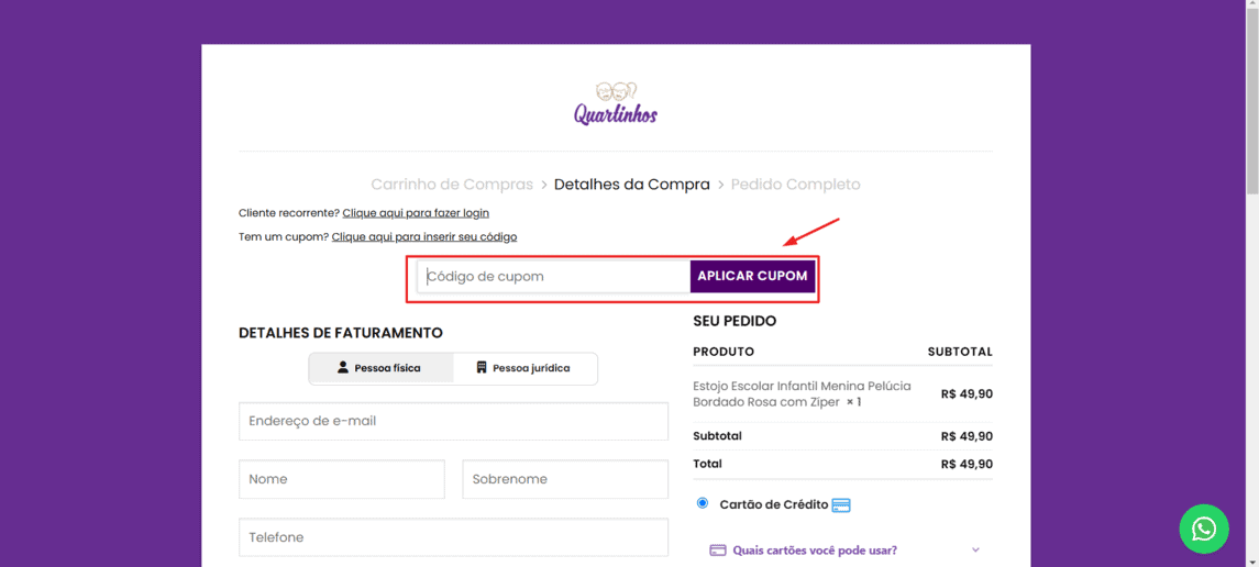 Onde inserir cupom de desconto Quartinhos