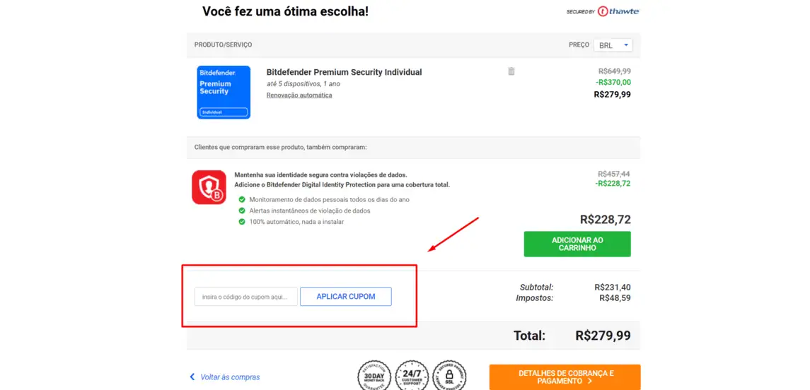 Onde inserir cupom de desconto Bitdefender