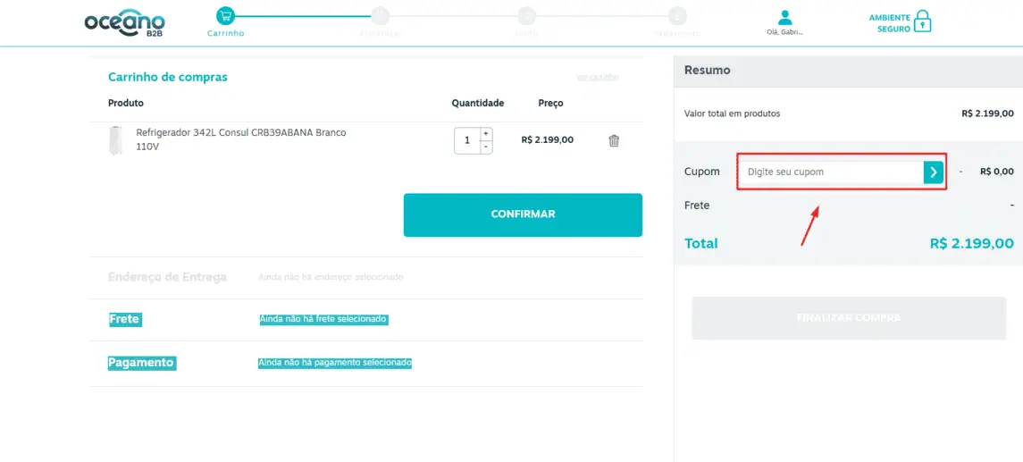 Onde inserir cupom de desconto Oceano B2B