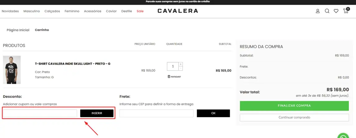 Onde inserir cupom de desconto Cavalera