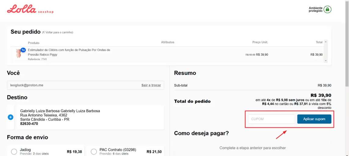 Onde inserir cupom de desconto Lolla Sex Shop