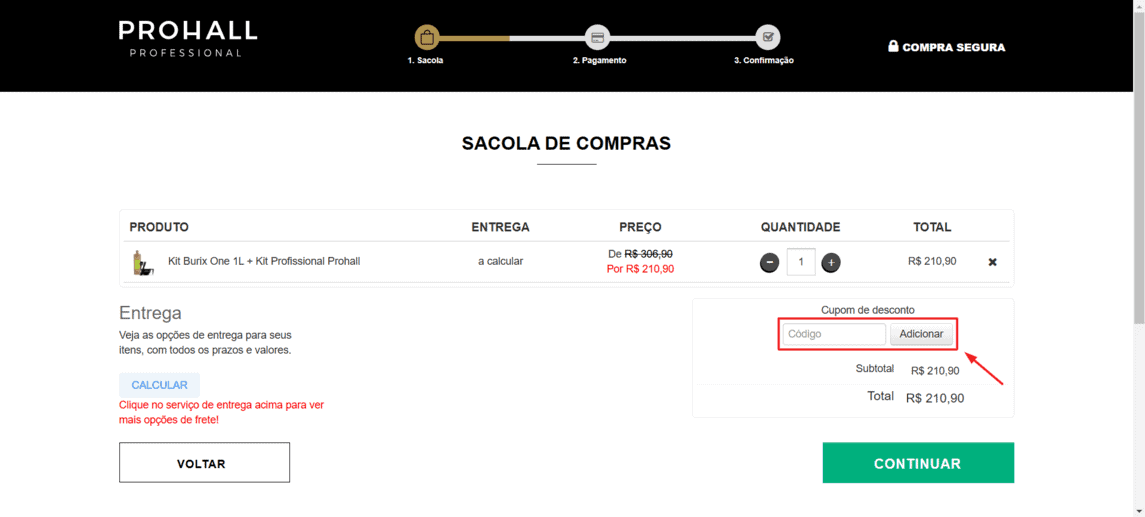 Onde inserir cupom de desconto Loja Prohall