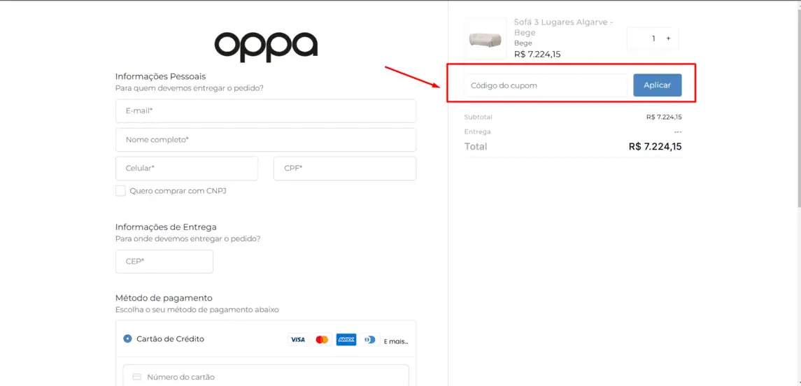 Onde inserir cupom de desconto Oppa