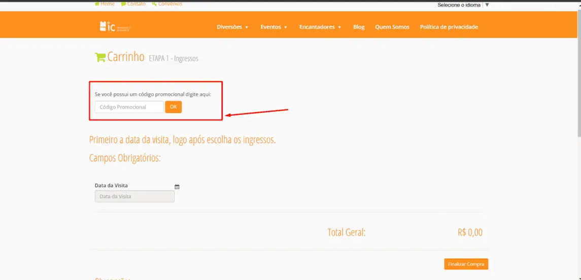 Onde inserir cupom de desconto Ingresso Com Desconto