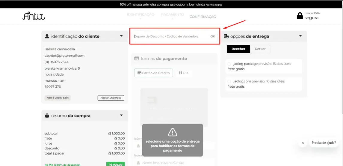 Onde inserir cupom de desconto Antix