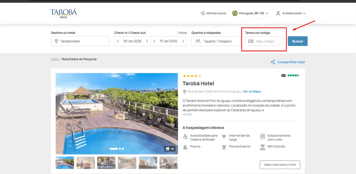 Onde inserir cupom de desconto Tarobá Hotel