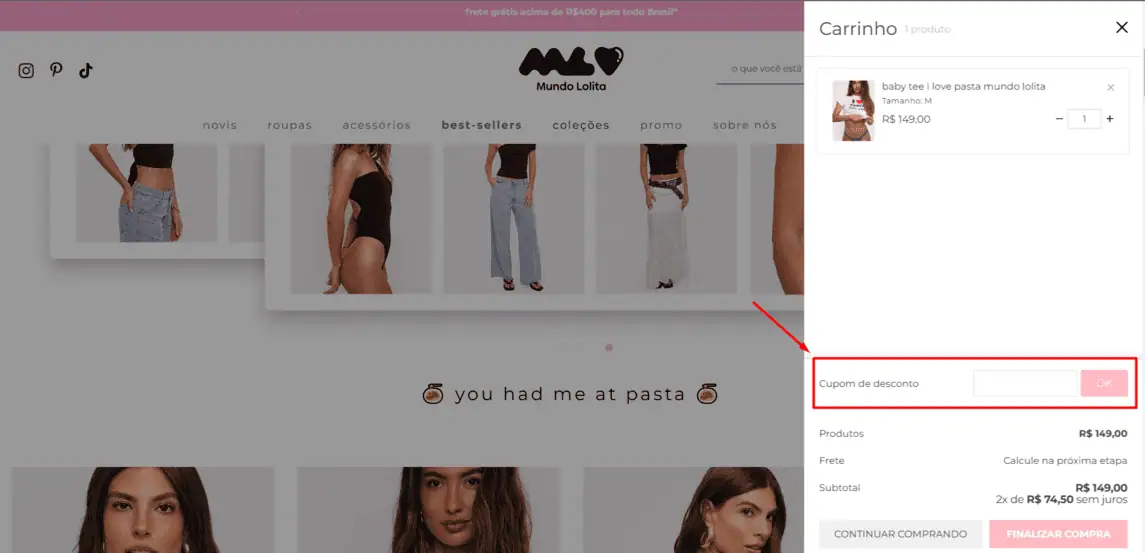 Onde inserir cupom de desconto Mundo Lolita
