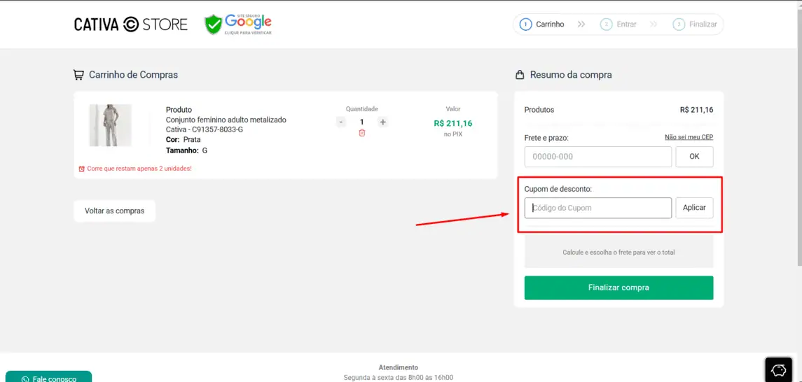 Onde inserir cupom de desconto Cativa Store