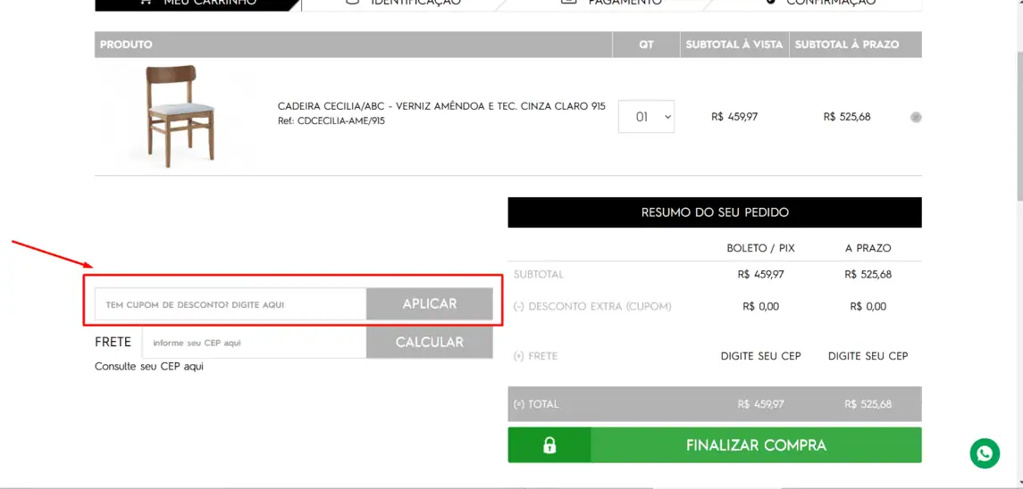 Onde inserir cupom de desconto Idea Store