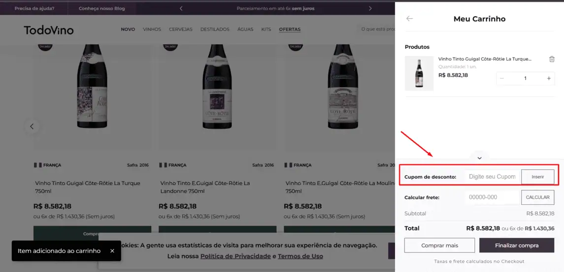 Onde inserir cupom de desconto TodoVino