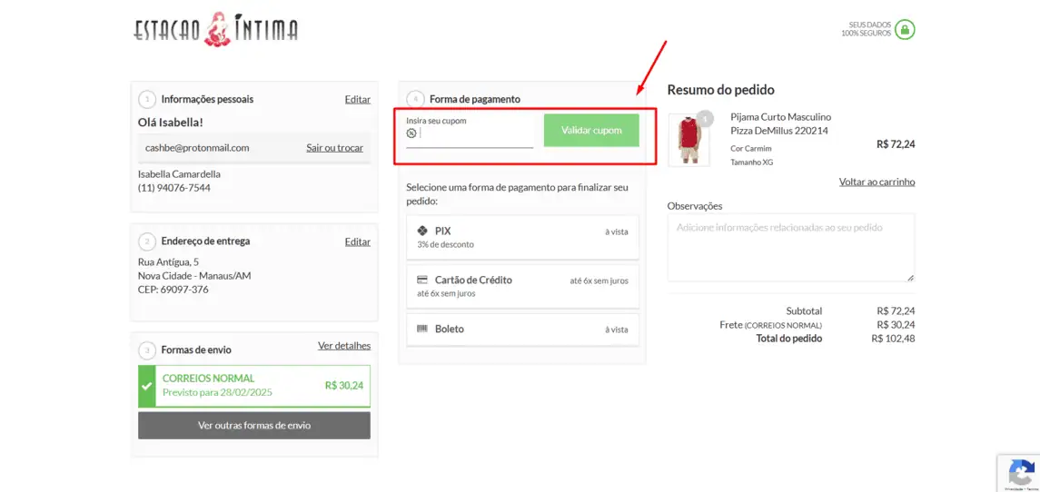Onde inserir cupom de desconto Estação Íntima