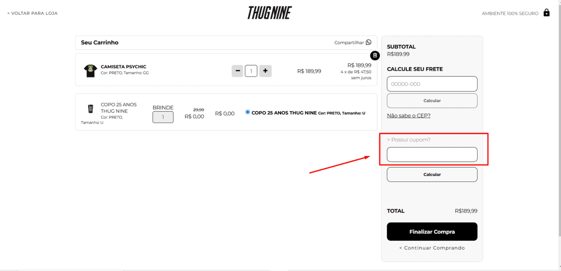 Onde inserir cupom de desconto Thug Nine