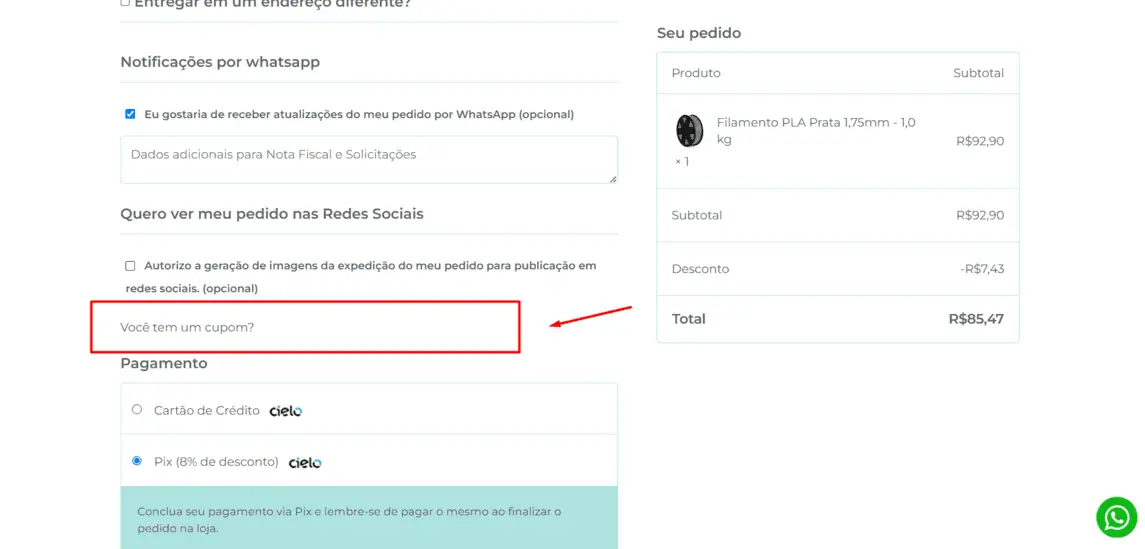 Onde inserir cupom de desconto 3D Fila