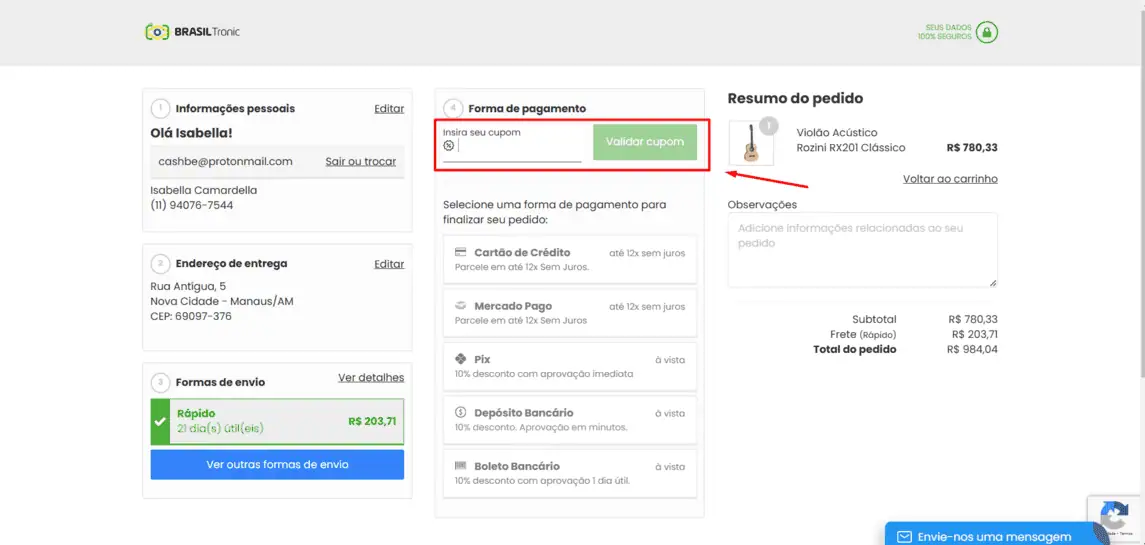 Onde inserir cupom de desconto BrasilTronic