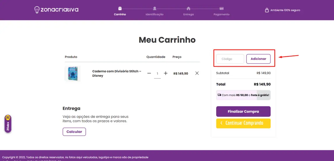 Onde inserir cupom de desconto Zona Criativa