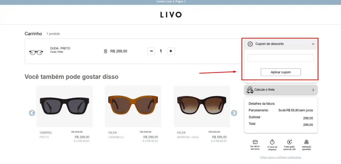 Onde inserir cupom de desconto Minha Ótica Online