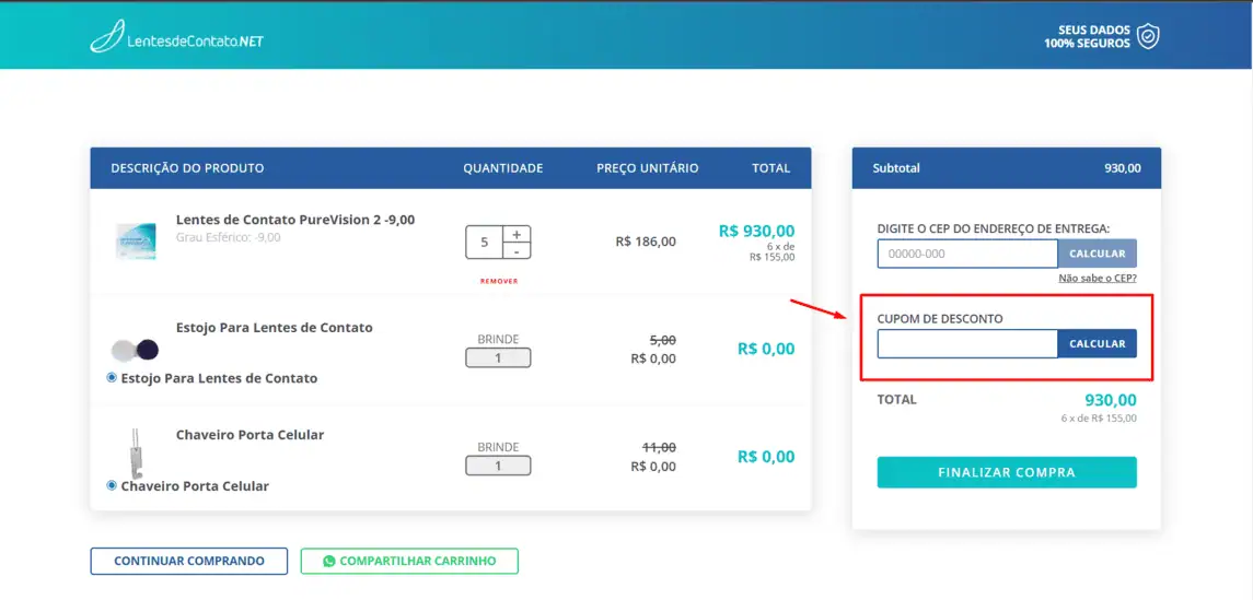 Onde inserir cupom de desconto LentesdeContato.Net