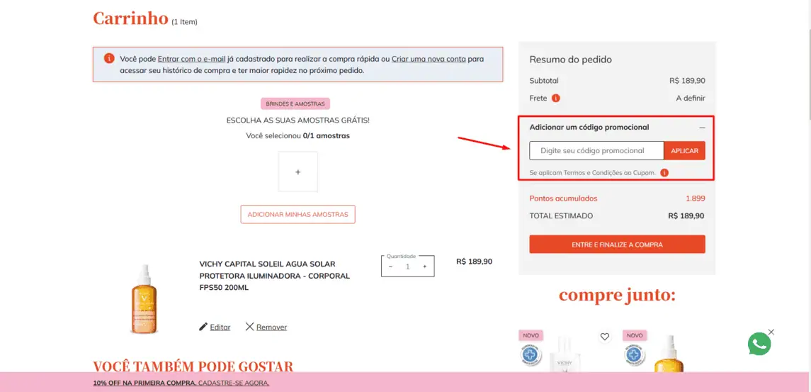 Onde inserir cupom de desconto Dermaclub