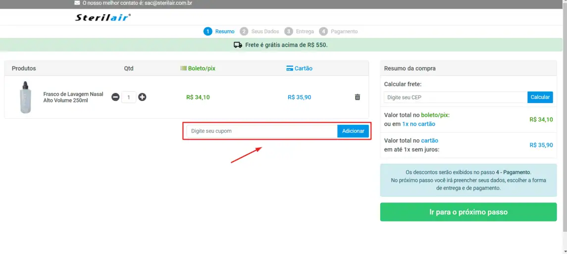 Onde inserir cupom de desconto Sterilair