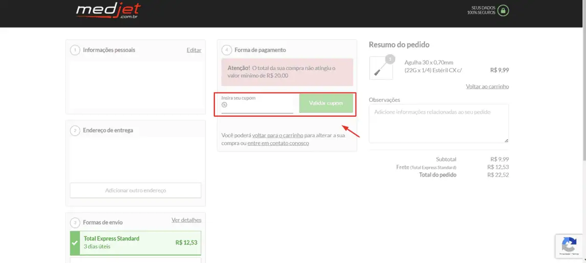Onde inserir cupom de desconto Medjet