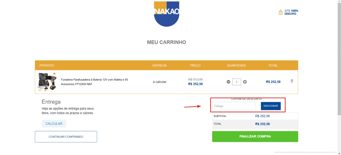 Onde inserir cupom de desconto J. Nakao