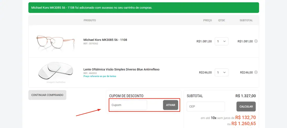 Onde inserir cupom de desconto QÓculos