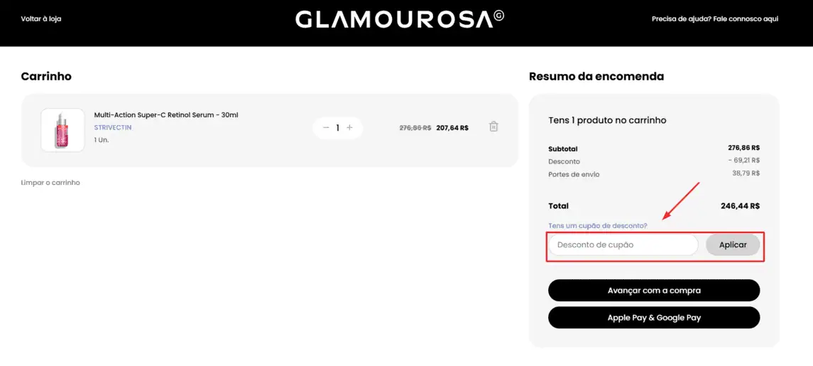 Onde inserir cupom de desconto Loja Glamourosa