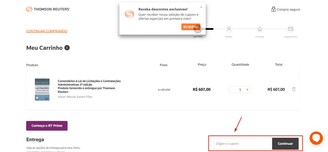 Onde inserir cupom de desconto Livraria