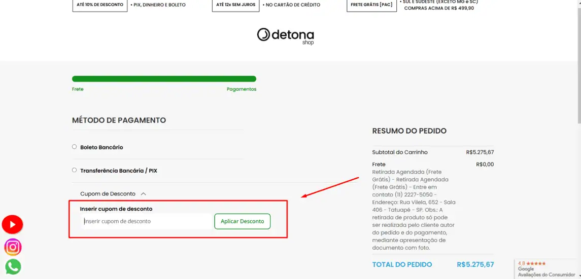 Onde inserir cupom de desconto Detona Shop