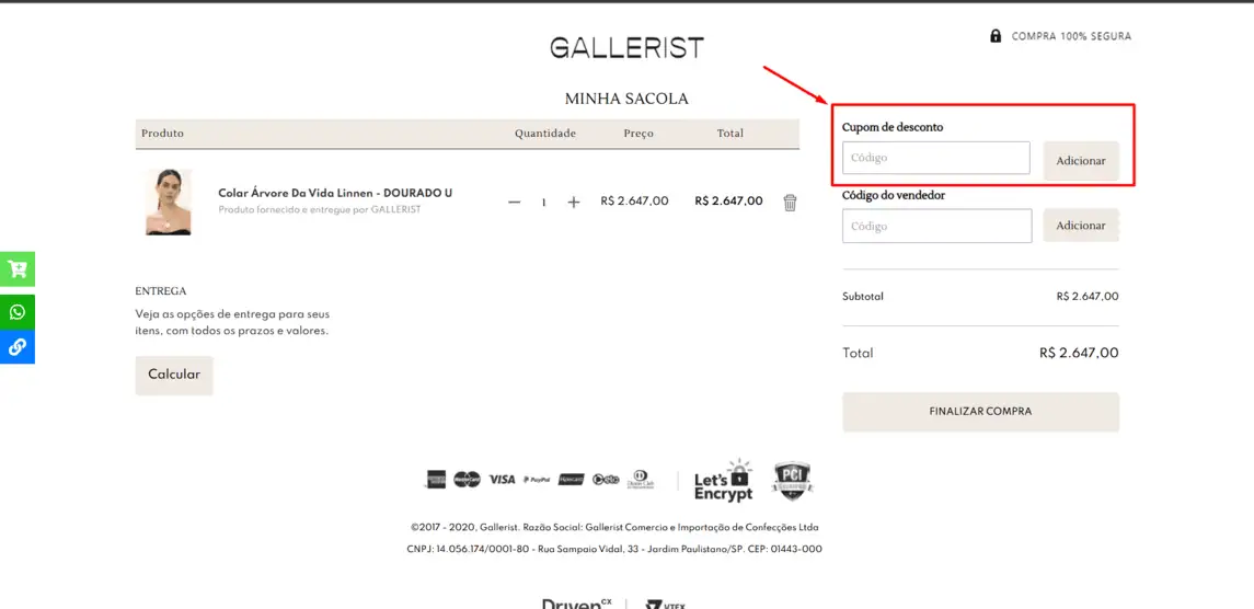 Onde inserir cupom de desconto Gallerist
