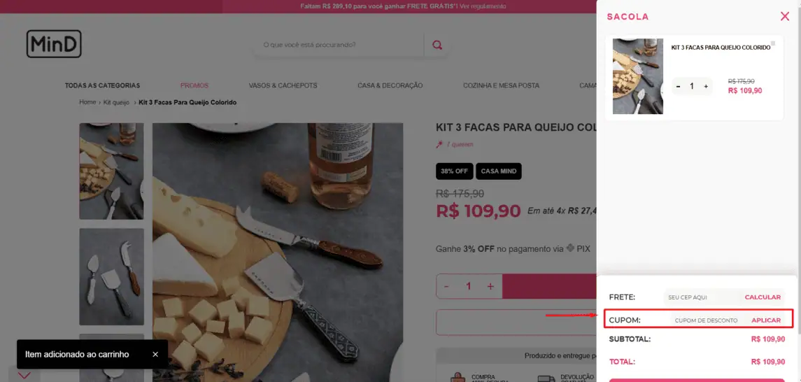 Onde inserir cupom de desconto Casa MinD
